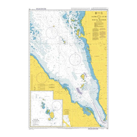 Product image of Admiralty Chart 143 | Jazirat at Ta'ir to Bab el Mandeb, featuring navigational markings, depth soundings, and coastal features, essential for safe marine navigation. It could be displayed as an art piece or used for navigation on a boat or ship.