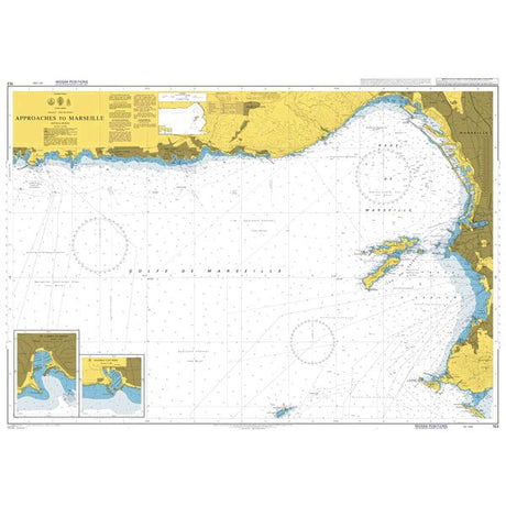 Product image of Admiralty Chart 153 | Approaches to Marseille, featuring navigational markings, depth soundings, and coastal features, essential for safe marine navigation. It could be displayed as an art piece or used for navigation on a boat or ship.