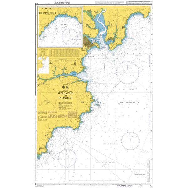 Product image of Admiralty Chart 154 | Approaches to Falmouth, featuring navigational markings, depth soundings, and coastal features, essential for safe marine navigation. It could be displayed as an art piece or used for navigation on a boat or ship.