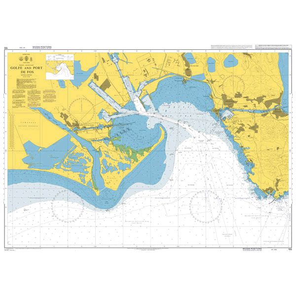 Product image of Admiralty Chart 155 | Golfe and Port de Fos, featuring navigational markings, depth soundings, and coastal features, essential for safe marine navigation. It could be displayed as an art piece or used for navigation on a boat or ship.