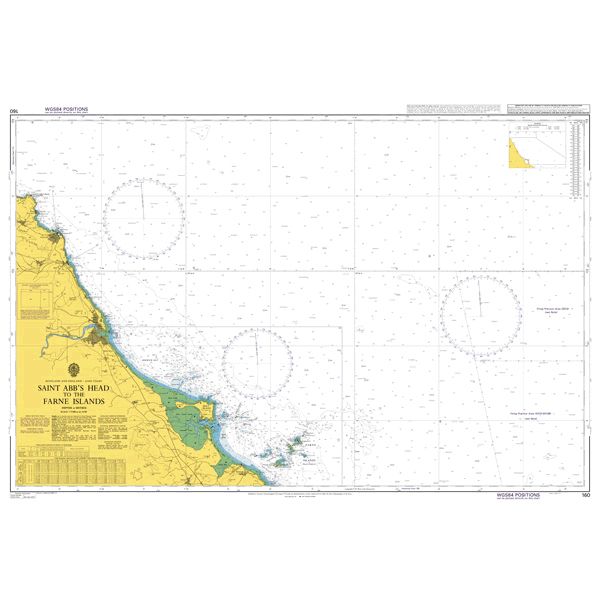 Product image of Admiralty Chart 160 | Saint Abb's Head to the Farne Islands, featuring navigational markings, depth soundings, and coastal features, essential for safe marine navigation. It could be displayed as an art piece or used for navigation on a boat or ship.