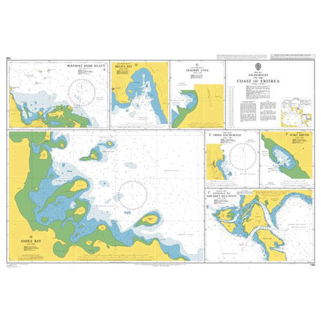 Product image of Admiralty Chart 168 | Anchorages on the Coast of Eritrea, featuring navigational markings, depth soundings, and coastal features, essential for safe marine navigation. It could be displayed as an art piece or used for navigation on a boat or ship.