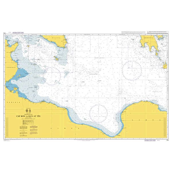 Product image of Admiralty Chart 176 | Cap Bon to Ra's At Tin, featuring navigational markings, depth soundings, and coastal features, essential for safe marine navigation. It could be displayed as an art piece or used for navigation on a boat or ship.