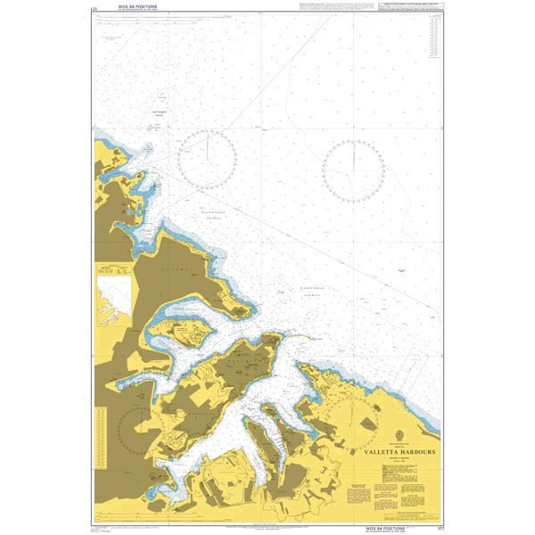 Product image of Admiralty Chart 177 | Valletta Harbours, featuring navigational markings, depth soundings, and coastal features, essential for safe marine navigation. It could be displayed as an art piece or used for navigation on a boat or ship.