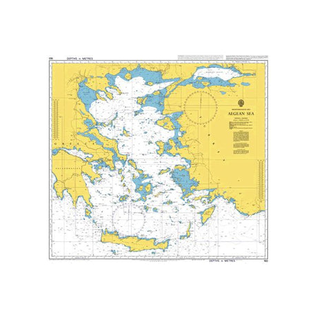 Product image of Admiralty Chart 180 | Aegean Sea, featuring navigational markings, depth soundings, and coastal features, essential for safe marine navigation. It could be displayed as an art piece or used for navigation on a boat or ship.