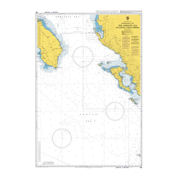 Product image of Admiralty Chart 188 | Entrance to the Adriatic Sea including Nisos Kerkyra, featuring navigational markings, depth soundings, and coastal features, essential for safe marine navigation. It could be displayed as an art piece or used for navigation on a boat or ship.