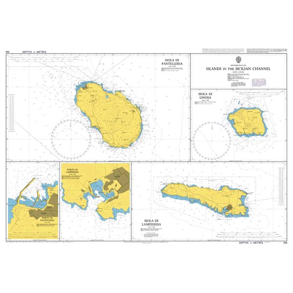 Product image of Admiralty Chart 193 | Islands in the Sicilian Channel, featuring navigational markings, depth soundings, and coastal features, essential for safe marine navigation. It could be displayed as an art piece or used for navigation on a boat or ship.