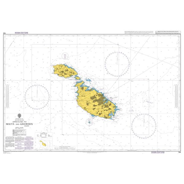 Product image of Admiralty Chart 194 | Approaches to Malta and Ghawdex (Gozo), featuring navigational markings, depth soundings, and coastal features, essential for safe marine navigation. It could be displayed as an art piece or used for navigation on a boat or ship.