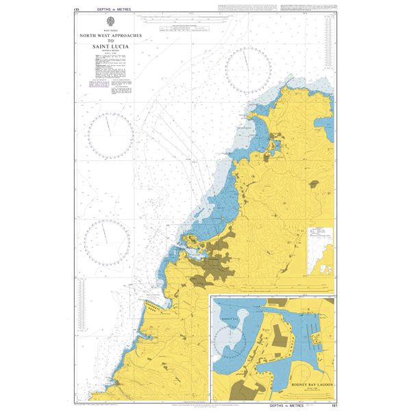 Product image of Admiralty Chart 197 | North West Approaches to Saint Lucia, featuring navigational markings, depth soundings, and coastal features, essential for safe marine navigation. It could be displayed as an art piece or used for navigation on a boat or ship.