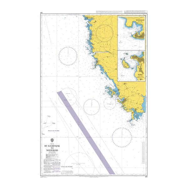 Product image of Admiralty Chart 201 | Rt Kamenjak to Novigrad, featuring navigational markings, depth soundings, and coastal features, essential for safe marine navigation. It could be displayed as an art piece or used for navigation on a boat or ship.