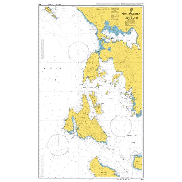 Product image of Admiralty Chart 203 | Nisos Zakynthos to Nisos Antipaxoi, featuring navigational markings, depth soundings, and coastal features, essential for safe marine navigation. It could be displayed as an art piece or used for navigation on a boat or ship.