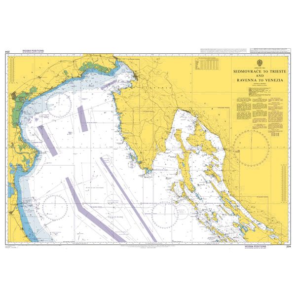 Product image of Admiralty Chart 204 | Sedmovrace to Trieste and Ravenna to Venezia, featuring navigational markings, depth soundings, and coastal features, essential for safe marine navigation. It could be displayed as an art piece or used for navigation on a boat or ship.