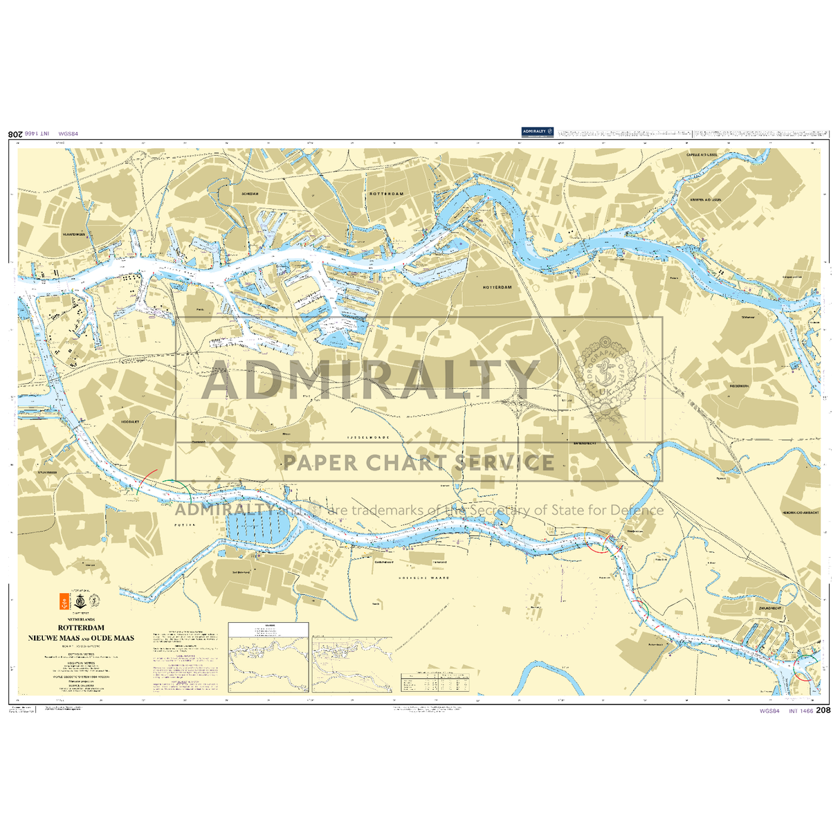 Product image of Admiralty Chart 208 | Rotterdam Nieuwe Maas and Oude Maas, featuring navigational markings, depth soundings, and coastal features, essential for safe marine navigation. It could be displayed as an art piece or used for navigation on a boat or ship.