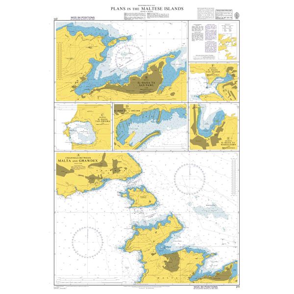 Product image of Admiralty Chart 211 | Plans in the Maltese Islands, featuring navigational markings, depth soundings, and coastal features, essential for safe marine navigation. It could be displayed as an art piece or used for navigation on a boat or ship.