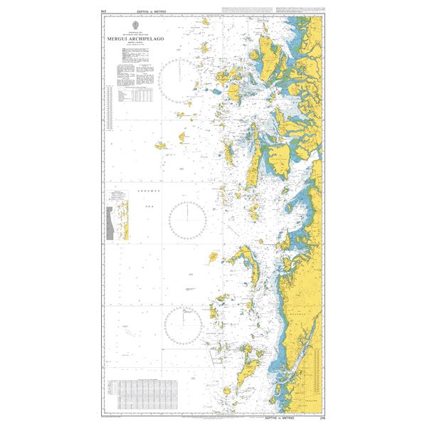 Product image of Admiralty Chart 216 | Myeik Archipelago, featuring navigational markings, depth soundings, and coastal features, essential for safe marine navigation. It could be displayed as an art piece or used for navigation on a boat or ship.