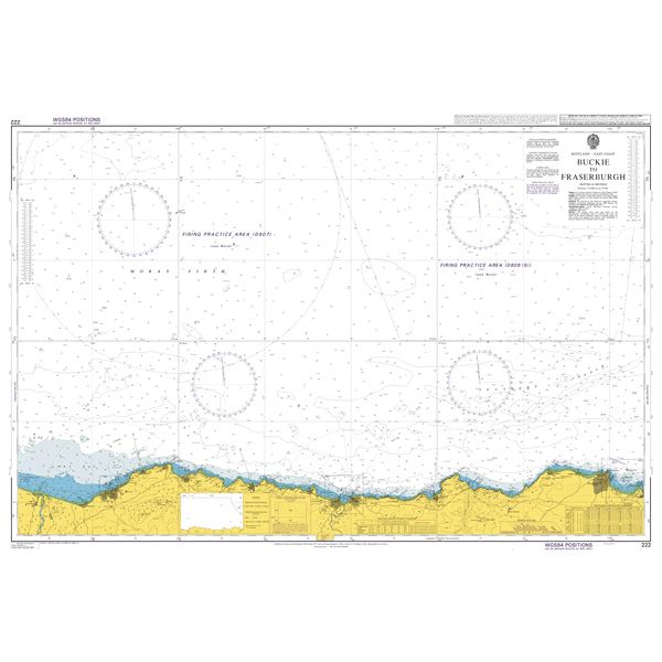 Product image of Admiralty Chart 222 | Buckie to Fraserburgh, featuring navigational markings, depth soundings, and coastal features, essential for safe marine navigation. It could be displayed as an art piece or used for navigation on a boat or ship.