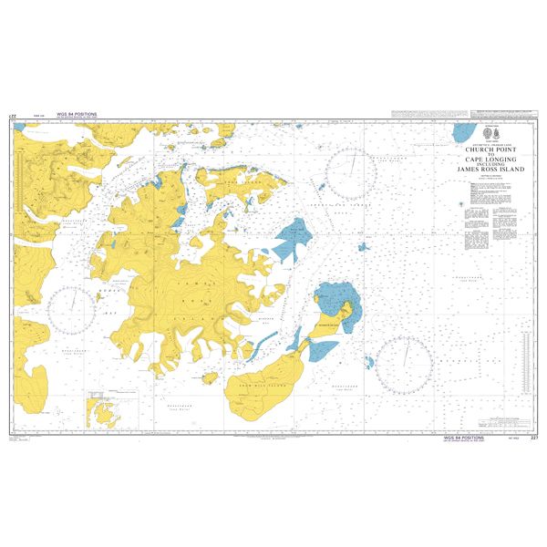 Product image of Admiralty Chart 227 | Church Point to Cape Longing including James Ross Island, featuring navigational markings, depth soundings, and coastal features, essential for safe marine navigation. It could be displayed as an art piece or used for navigation on a boat or ship.