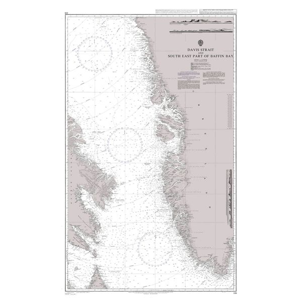 Product image of Admiralty Chart 235 | Davis Strait and South East Part of Baffin Bay, featuring navigational markings, depth soundings, and coastal features, essential for safe marine navigation. It could be displayed as an art piece or used for navigation on a boat or ship.