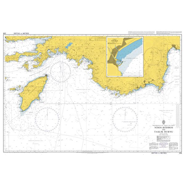 Product image of Admiralty Chart 236 | Nisos Rodos to Taslik Burnu, featuring navigational markings, depth soundings, and coastal features, essential for safe marine navigation. It could be displayed as an art piece or used for navigation on a boat or ship.