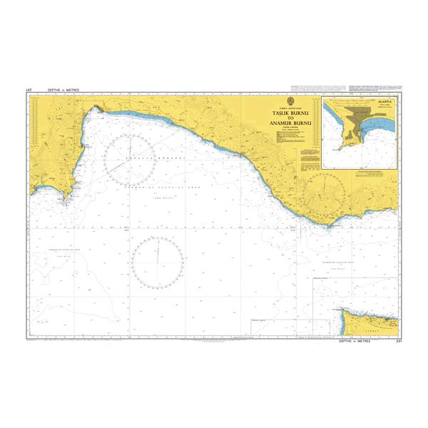 Product image of Admiralty Chart 237 | Taslik Burnu to Anamur Burnu, featuring navigational markings, depth soundings, and coastal features, essential for safe marine navigation. It could be displayed as an art piece or used for navigation on a boat or ship.