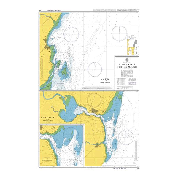 Product image of Admiralty Chart 238 | Ports in Kenya Kilifi and Malindi, featuring navigational markings, depth soundings, and coastal features, essential for safe marine navigation. It could be displayed as an art piece or used for navigation on a boat or ship.