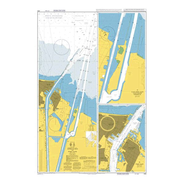 Product image of Admiralty Chart 240 | Approaches to Port Said (Bur Sa'id), featuring navigational markings, depth soundings, and coastal features, essential for safe marine navigation. It could be displayed as an art piece or used for navigation on a boat or ship.