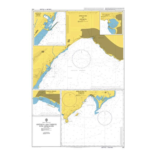 Product image of Admiralty Chart 242 | Antalya and Tasucu with Approaches, featuring navigational markings, depth soundings, and coastal features, essential for safe marine navigation. It could be displayed as an art piece or used for navigation on a boat or ship.