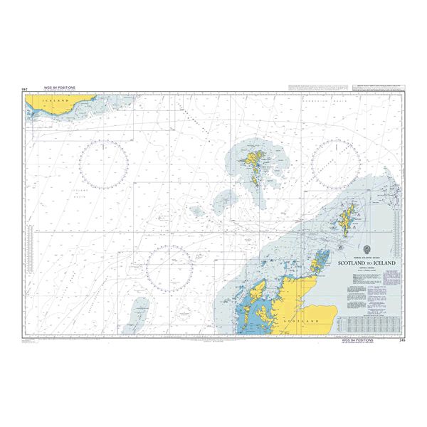 Product image of Admiralty Chart 245 | Scotland to Iceland, featuring navigational markings, depth soundings, and coastal features, essential for safe marine navigation. It could be displayed as an art piece or used for navigation on a boat or ship.