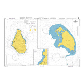 Product image of Admiralty Chart 254 | Montserrat and Barbuda, featuring navigational markings, depth soundings, and coastal features, essential for safe marine navigation. It could be displayed as an art piece or used for navigation on a boat or ship.