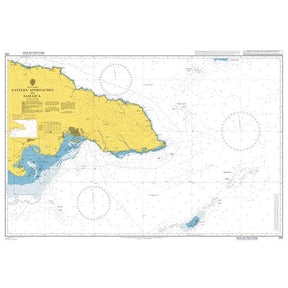 Product image of Admiralty Chart 255 | Eastern Approaches to Jamaica, featuring navigational markings, depth soundings, and coastal features, essential for safe marine navigation. It could be displayed as an art piece or used for navigation on a boat or ship.