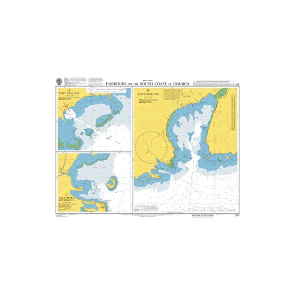 Product image of Admiralty Chart 257 | Harbours on the South Coast of Jamaica, featuring navigational markings, depth soundings, and coastal features, essential for safe marine navigation. It could be displayed as an art piece or used for navigation on a boat or ship.