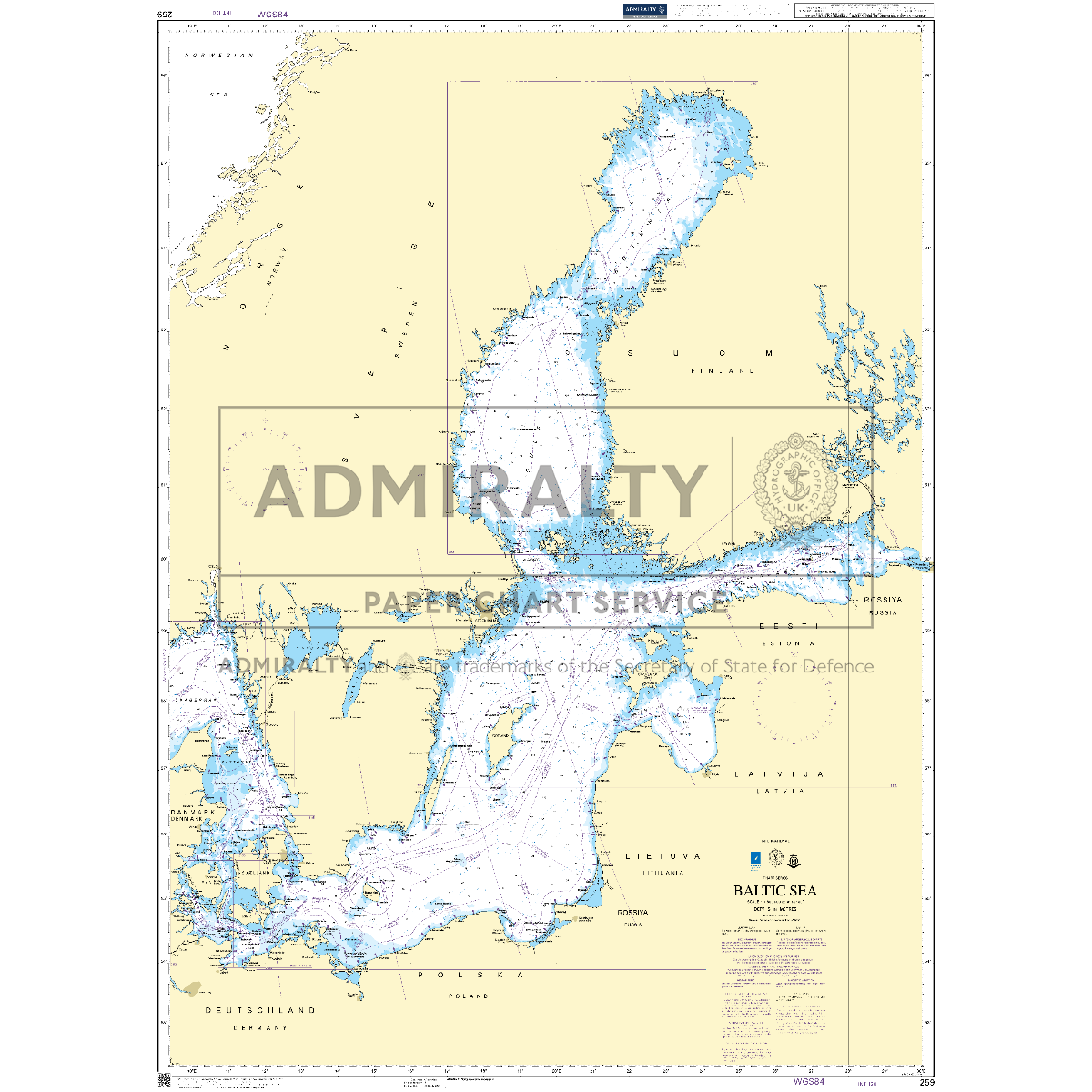 Product image of Admiralty Chart 259 | Baltic Sea, featuring navigational markings, depth soundings, and coastal features, essential for safe marine navigation. It could be displayed as an art piece or used for navigation on a boat or ship.