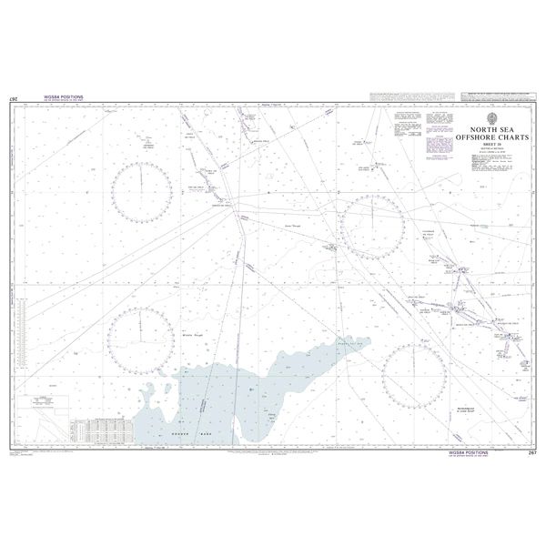 Product image of Admiralty Chart 267 | North Sea Offshore Charts Sheet 10, featuring navigational markings, depth soundings, and coastal features, essential for safe marine navigation. It could be displayed as an art piece or used for navigation on a boat or ship.