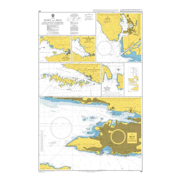 Product image of Admiralty Chart 269 | Ploce and Split with adjacent Harbours, Channels and Anchorages, featuring navigational markings, depth soundings, and coastal features, essential for safe marine navigation. It could be displayed as an art piece or used for navigation on a boat or ship.