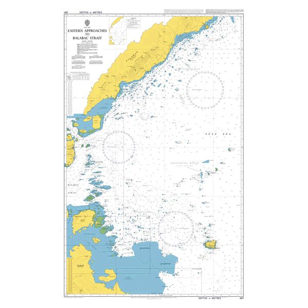 Product image of Admiralty Chart 287 | Eastern Approaches to Balabac Strait, featuring navigational markings, depth soundings, and coastal features, essential for safe marine navigation. It could be displayed as an art piece or used for navigation on a boat or ship.