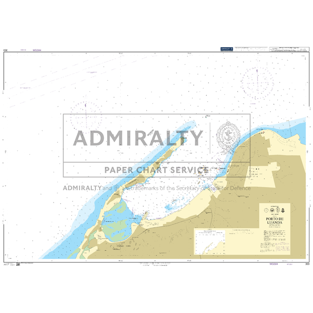 Product image of Admiralty Chart 303 | Porto de Luanda, featuring navigational markings, depth soundings, and coastal features, essential for safe marine navigation. It could be displayed as an art piece or used for navigation on a boat or ship.