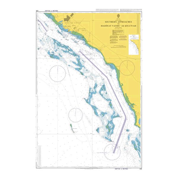 Product image of Admiralty Chart 326 | Southern Approaches to Madinat Yanbu` as Sina`iyah, featuring navigational markings, depth soundings, and coastal features, essential for safe marine navigation. It could be displayed as an art piece or used for navigation on a boat or ship.