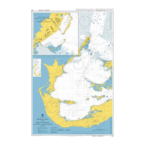 Product image of Admiralty Chart 332 | Grassy Bay and Great Sound including Little Sound, featuring navigational markings, depth soundings, and coastal features, essential for safe marine navigation. It could be displayed as an art piece or used for navigation on a boat or ship.