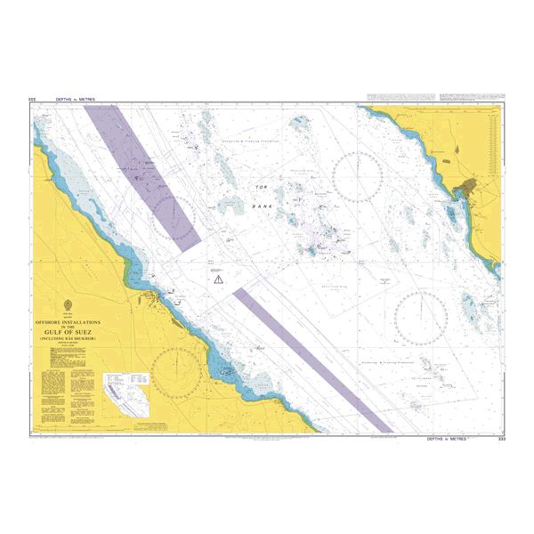 Product image of Admiralty Chart 333 | Offshore Installations in the Gulf of Suez including Ra's Shuqayr (Ras Shukheir), featuring navigational markings, depth soundings, and coastal features, essential for safe marine navigation. It could be displayed as an art piece or used for navigation on a boat or ship.