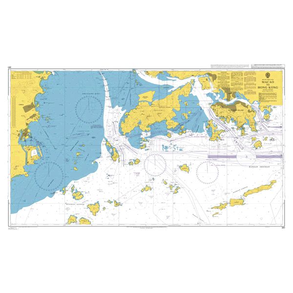 Product image of Admiralty Chart 341 | Macao to Hong Kong, featuring navigational markings, depth soundings, and coastal features, essential for safe marine navigation. It could be displayed as an art piece or used for navigation on a boat or ship.