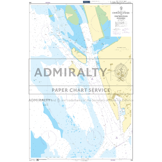 Product image of Admiralty Chart 348 | Chiwan Gangqu to Dachanwan Gangqu, featuring navigational markings, depth soundings, and coastal features, essential for safe marine navigation. It could be displayed as an art piece or used for navigation on a boat or ship.