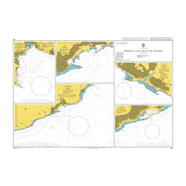 Product image of Admiralty Chart 351 | Ports in the Gulf of Genoa, featuring navigational markings, depth soundings, and coastal features, essential for safe marine navigation. It could be displayed as an art piece or used for navigation on a boat or ship.