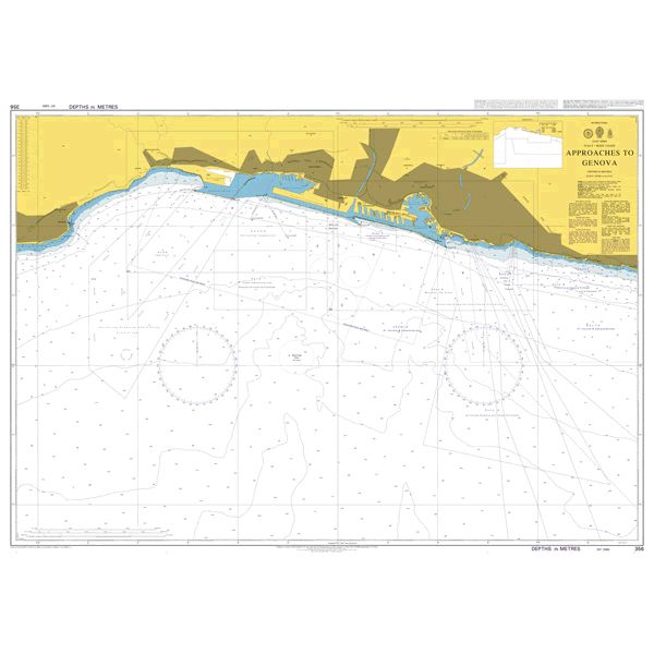 Product image of Admiralty Chart 356 | Approaches to Genova, featuring navigational markings, depth soundings, and coastal features, essential for safe marine navigation. It could be displayed as an art piece or used for navigation on a boat or ship.