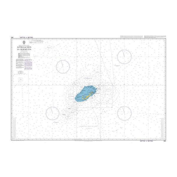 Product image of Admiralty Chart 360 | Approaches to Bermuda, featuring navigational markings, depth soundings, and coastal features, essential for safe marine navigation. It could be displayed as an art piece or used for navigation on a boat or ship.