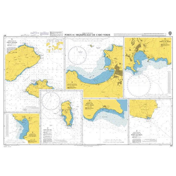 Product image of Admiralty Chart 367 | Ports in Cape Verde, featuring navigational markings, depth soundings, and coastal features, essential for safe marine navigation. It could be displayed as an art piece or used for navigation on a boat or ship.