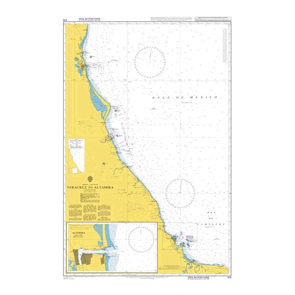 Product image of Admiralty Chart 376 | Veracruz to Altamira, featuring navigational markings, depth soundings, and coastal features, essential for safe marine navigation. It could be displayed as an art piece or used for navigation on a boat or ship.