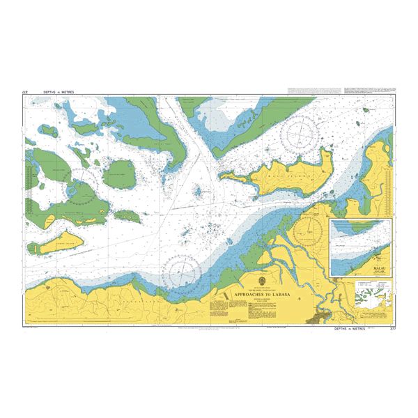 Product image of Admiralty Chart 377 | Approaches to Malau, featuring navigational markings, depth soundings, and coastal features, essential for safe marine navigation. It could be displayed as an art piece or used for navigation on a boat or ship.