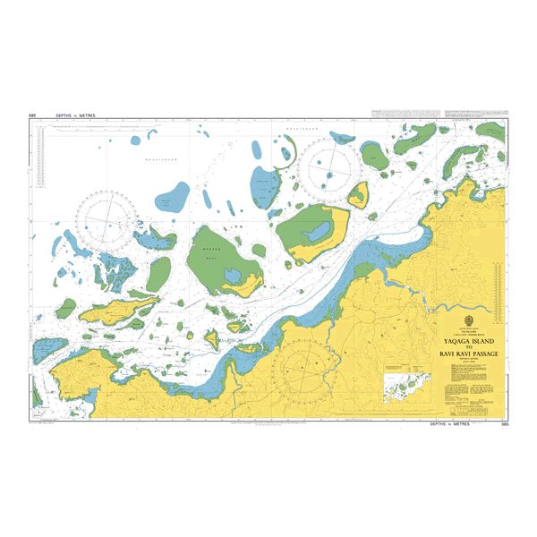 Product image of Admiralty Chart 385 | Yaqaga Island to Ravi Ravi Passage, featuring navigational markings, depth soundings, and coastal features, essential for safe marine navigation. It could be displayed as an art piece or used for navigation on a boat or ship.