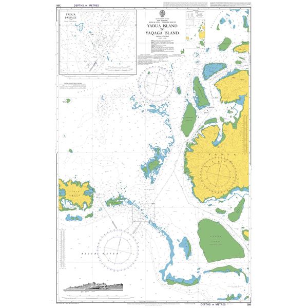 Product image of Admiralty Chart 386 | Yadua Island to Yaqaga Island, featuring navigational markings, depth soundings, and coastal features, essential for safe marine navigation. It could be displayed as an art piece or used for navigation on a boat or ship.