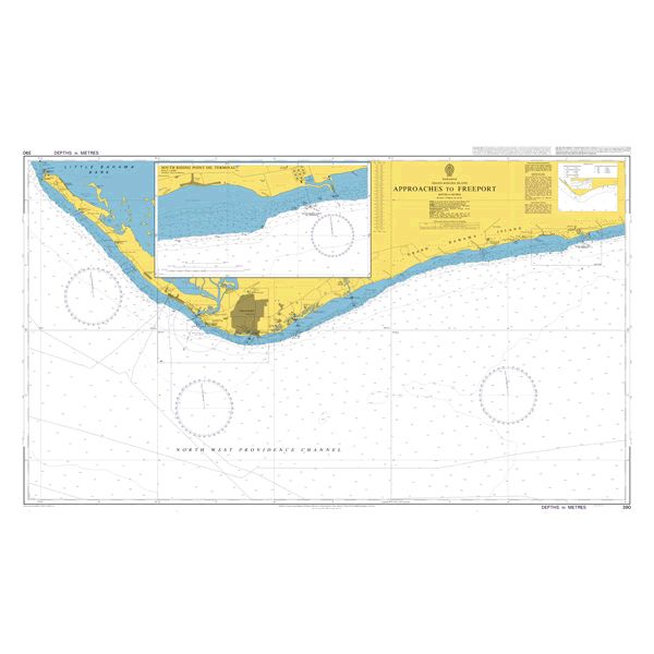 Product image of Admiralty Chart 390 | Approaches to Freeport, featuring navigational markings, depth soundings, and coastal features, essential for safe marine navigation. It could be displayed as an art piece or used for navigation on a boat or ship.